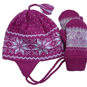 Snarby Strikkestudio As Kids Wool Hat and Mittens Set Pink Snowflake Nordic